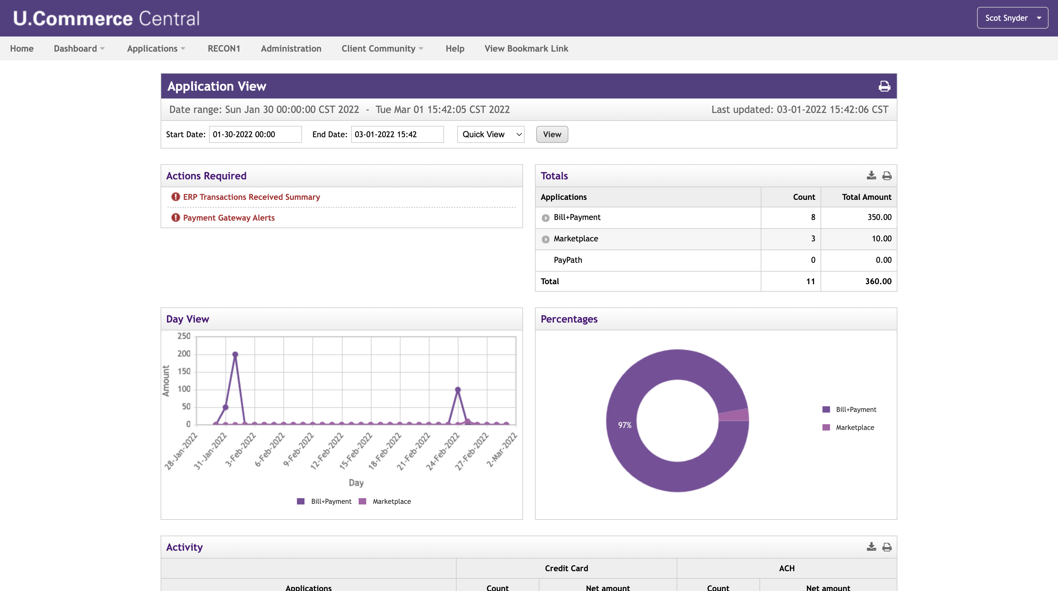 TouchNet Payment Systems screenshot: U.Commerce solutions - get a central, consolidated view of how money moves on campus. It offers a convenient snapshot of the cumulative effects of commerce transactions processed throughout the day, including the ability to drill down into details.