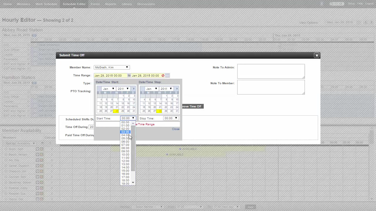 Aladtec Software - Users can submit time off and leave notes to admins within the schedule editor in Aladtec