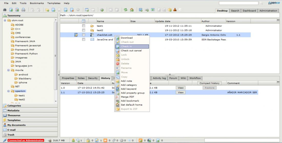 OpenKM Software - OpenKM contextual menu and desktop screenshot