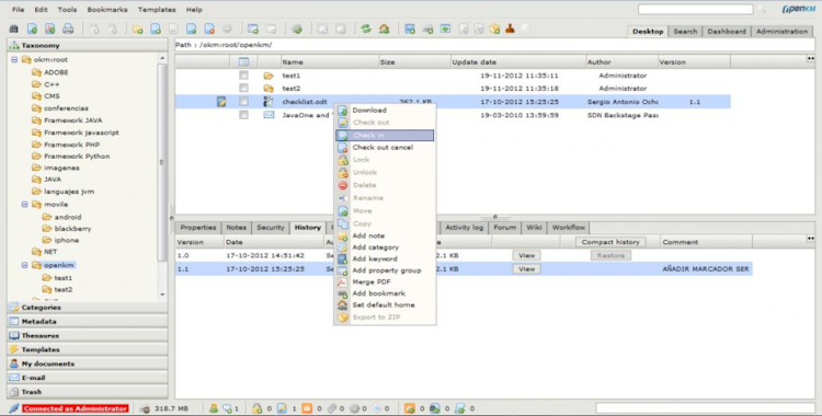 OpenKM screenshot: OpenKM contextual menu and desktop screenshot