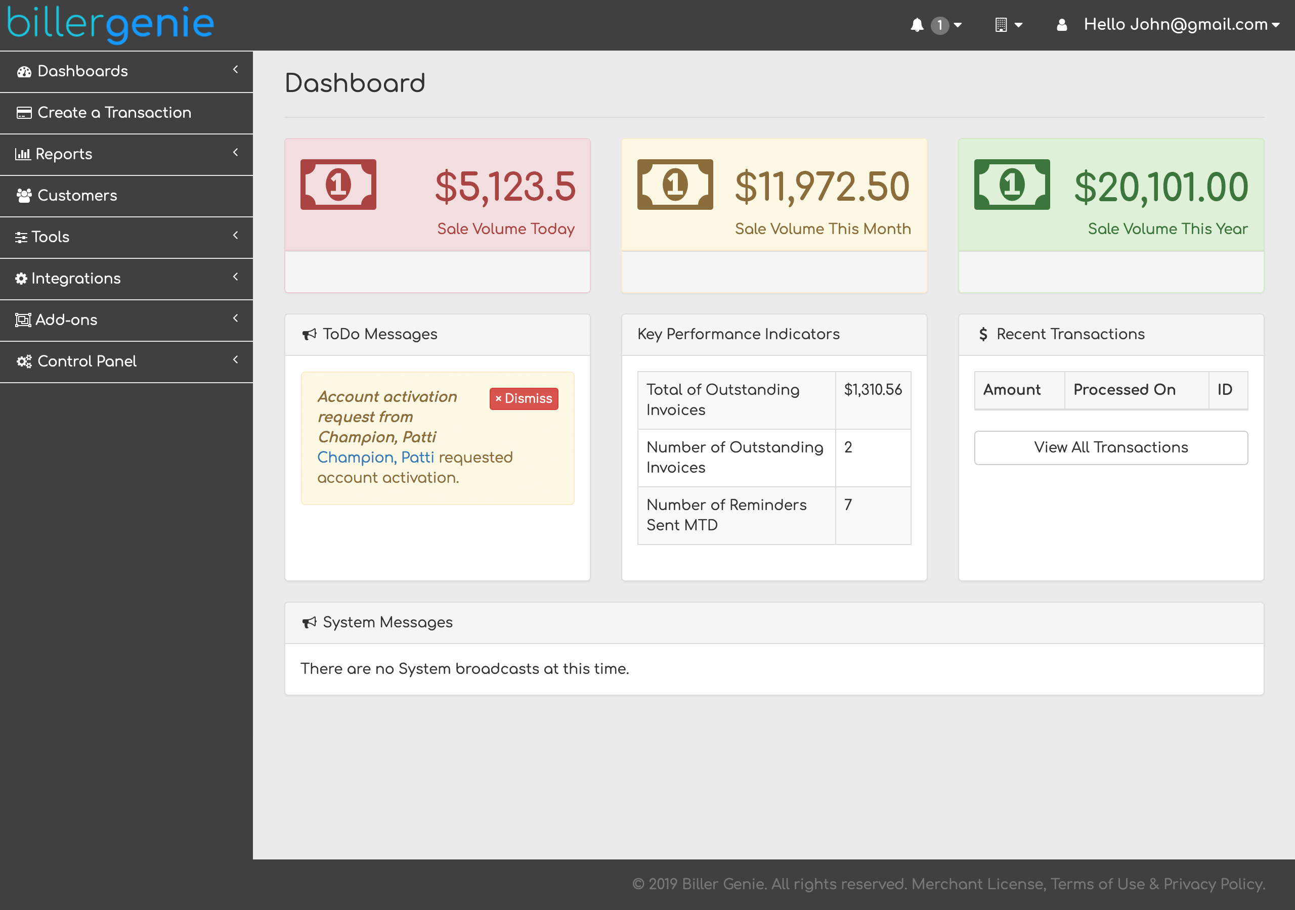 The main dashboard gives you a snapshot of your receivables, allowing you to see the cash flow coming into your business.