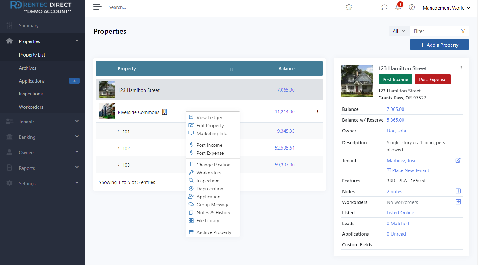 Rentec Direct Software - The Properties Page gives you detailed information for each property and unit. You can manage property profiles that will be used for the rental listing if the property ever becomes vacant. You will also see the current rent payment status.
