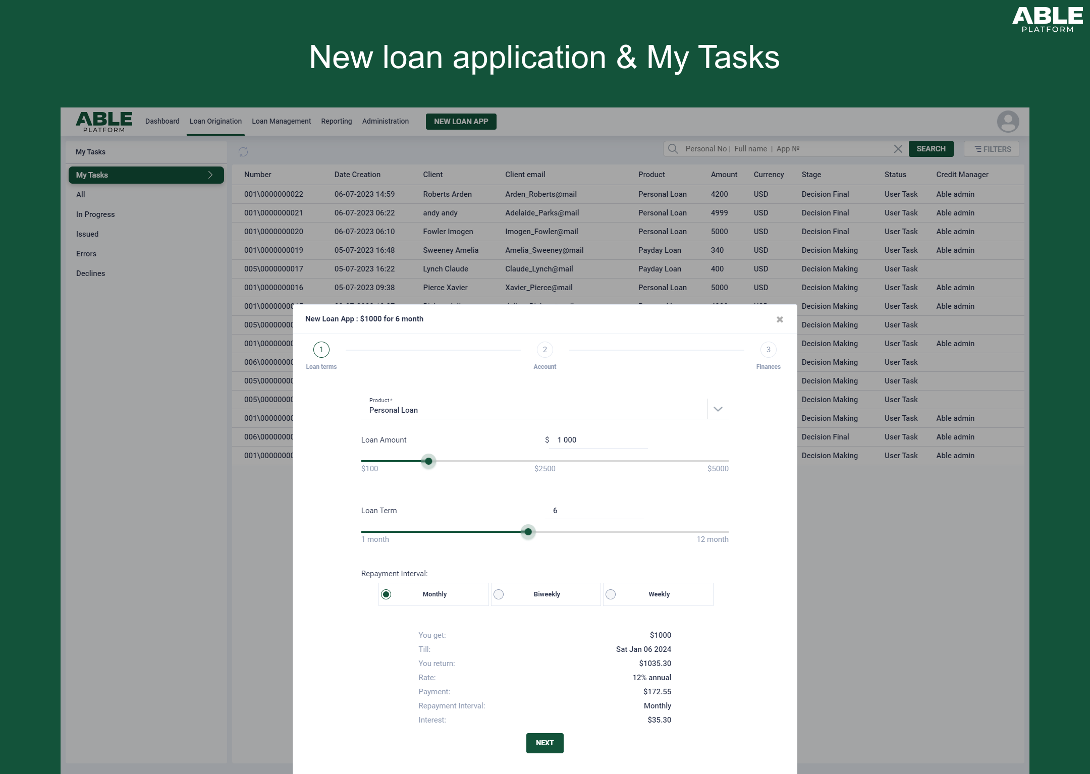 new loan application calculator and my tasks interface