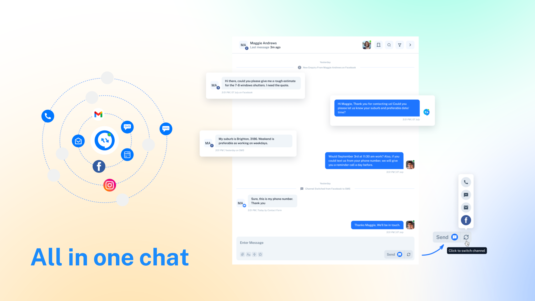 Coax screenshot: Whether the chat starts from a contact form, it can continue over email or SMS and then over to socials without navigating away. We centre your leads under each customer’s name and not where they came from.