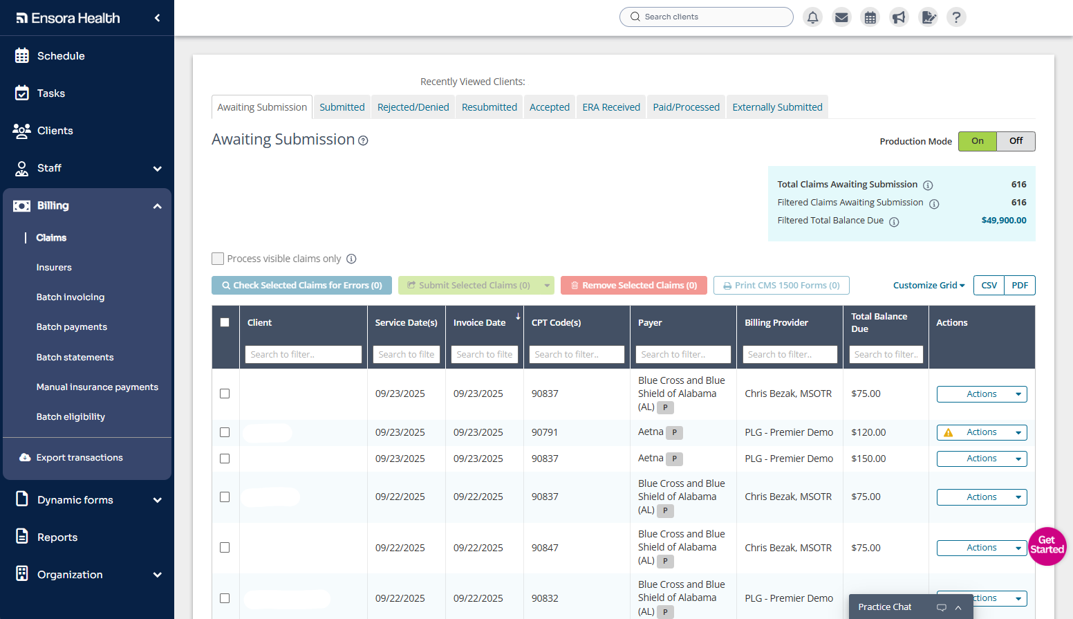 TheraNest screenshot: BILLING & CLAIMS