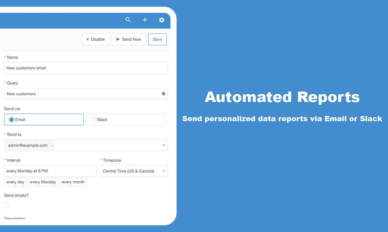 Motor Admin Software - Send personalized data reports via Email or Slack.