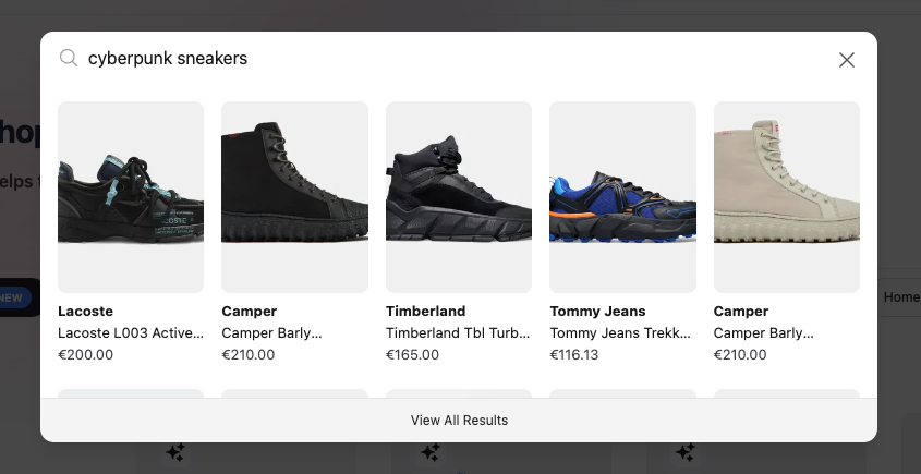 Miros screenshot: None of these products are tagged as “cyberpunk”. Traditional search would fail to find these sneakers which match this style. Miros finds them easily.