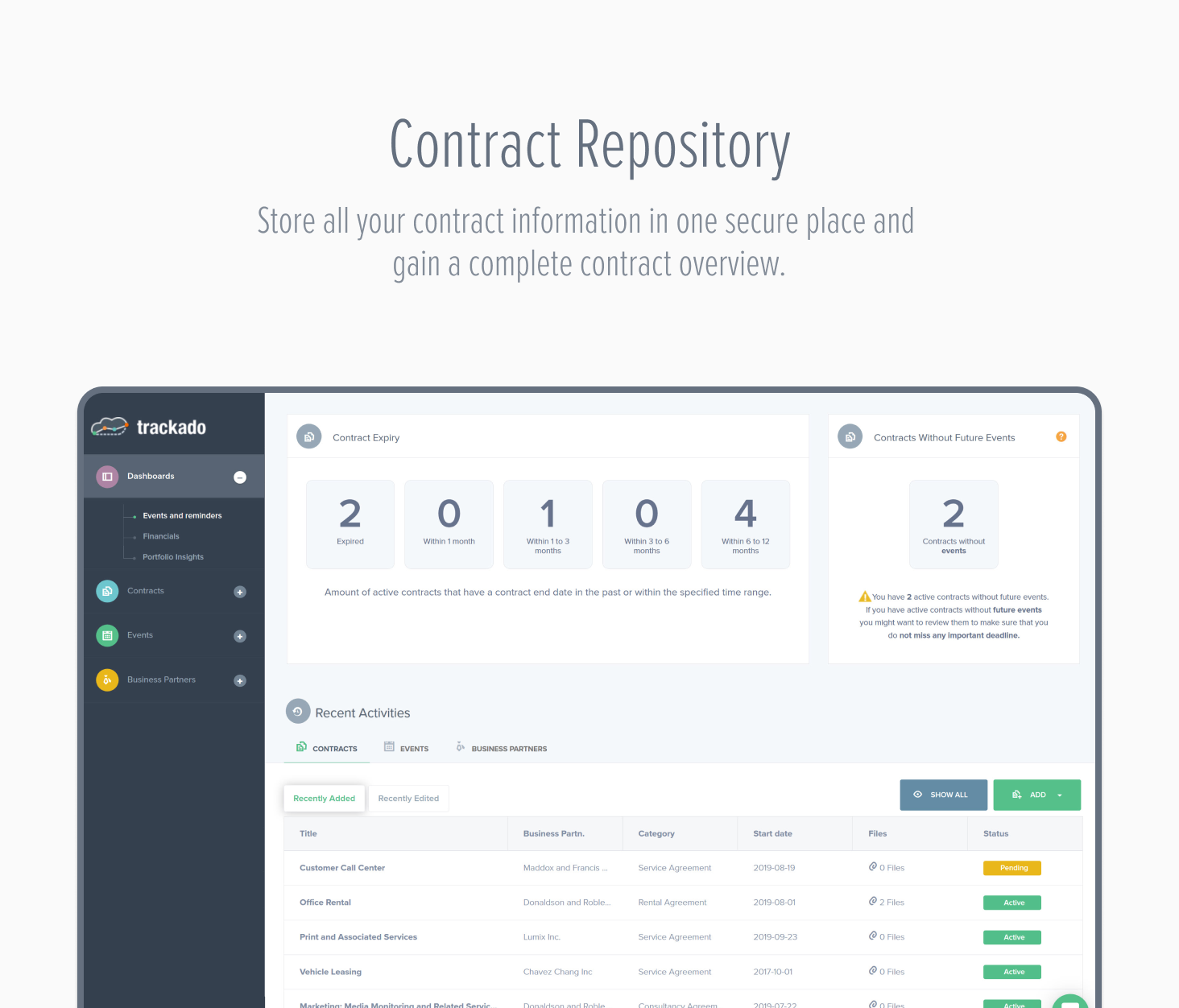 Trackado screenshot: Contract Repository - Store all your contract information in one secure place and gain a complete contract overview.