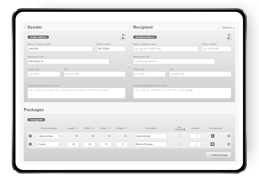 tiramizoo Last Mile Master Software - Customer booking form: Let your internal or external customers add orders to your process according to your conditions in terms of price, time, and quality.