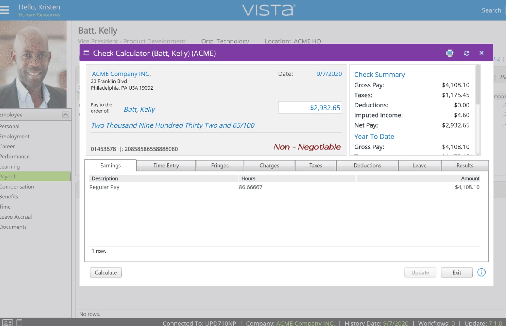 Vista Payroll check calculation portal