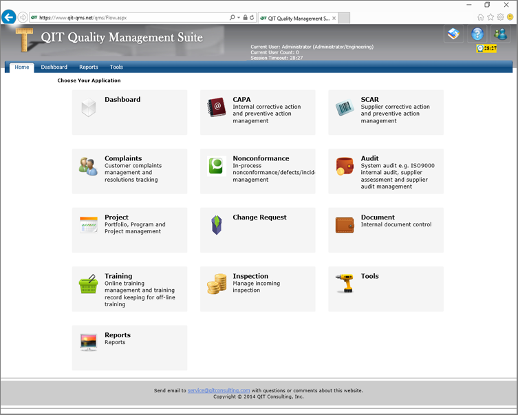 QIT Enterprise Quality Management home page screenshot