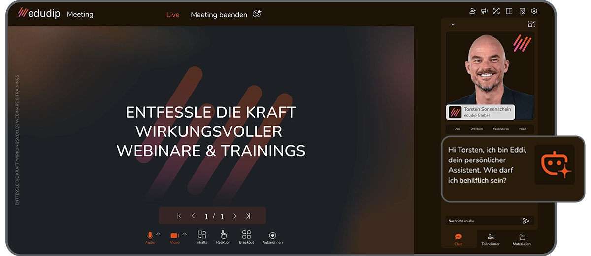 Edudip screenshot: Nutzen Sie KI-unterstützte Webinar-Software, die Ihnen live Ideen für Energizer, Fragen und Interaktionen liefert - damit Ihre Teilnehmenden bis zum Schluss aufmerksam bleiben.