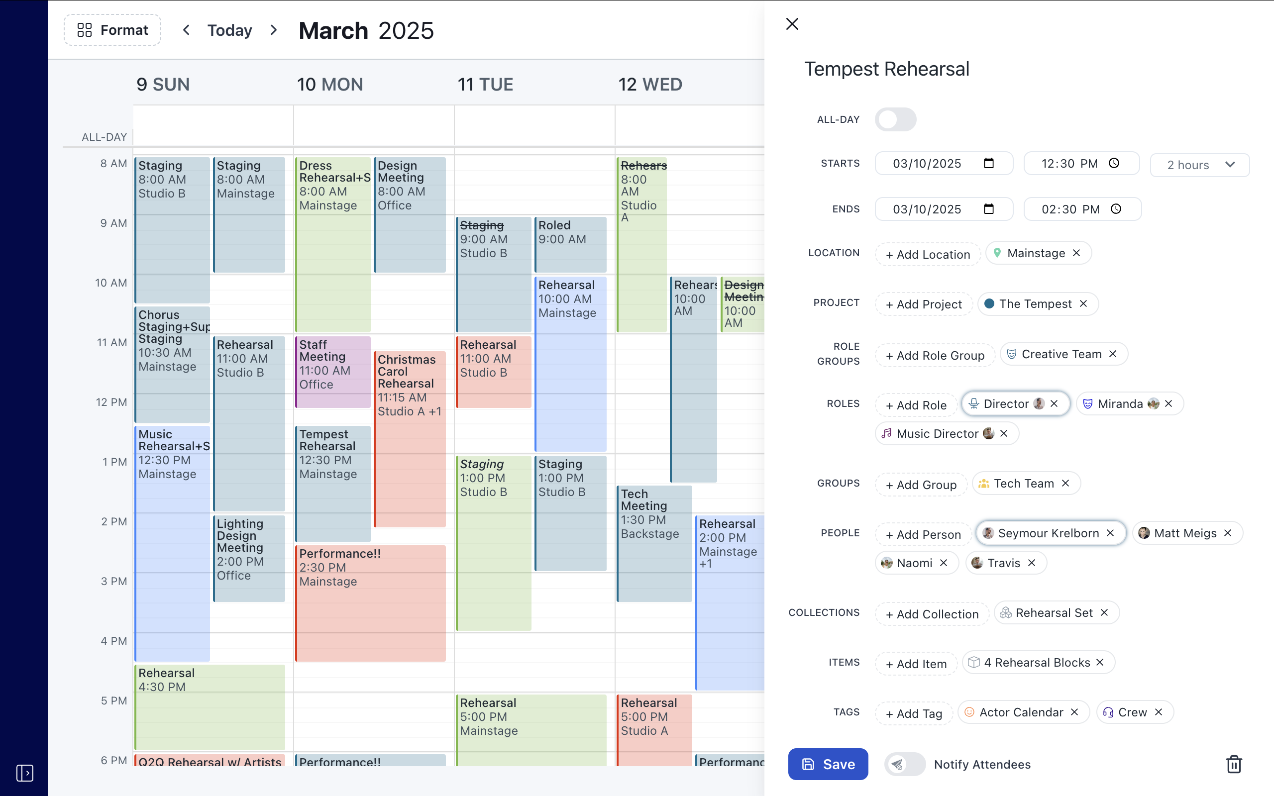 Prospero Software - Event editor with week calendar layout, colored by project