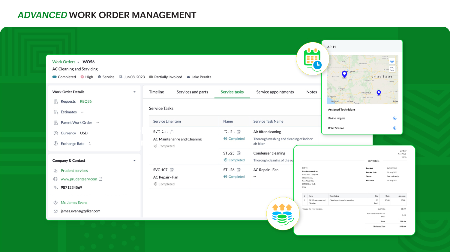 Zoho FSM optimizes work order management. Receive service requests, create and send estimates, covert it to a work order and schedule appointments and raise invoices.