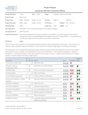 Facility Benchmarking Tool screenshot: Sample Project Report showing selection level and rationale with cost, schedule and sustainability impacts of the facility decision illustrated