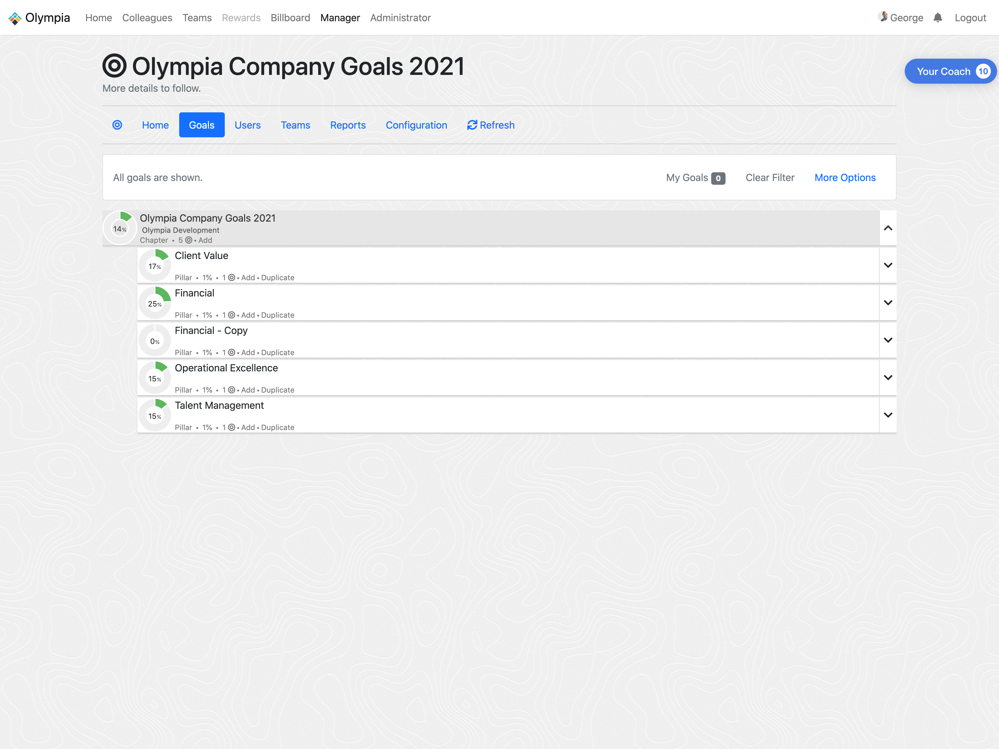 Olympia Engage Software - Goal view allows the employee to quickly align their personal goals with the company goals