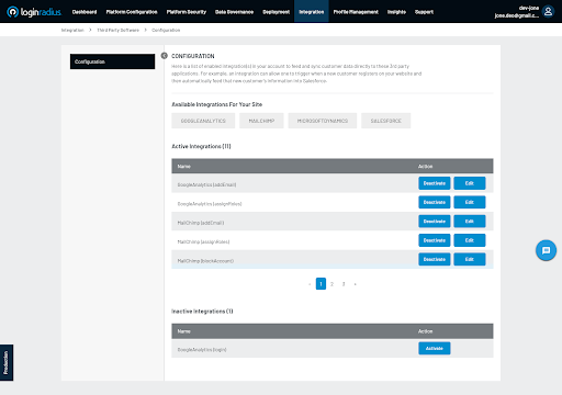 LoginRadius screenshot: Loginradius Integrations