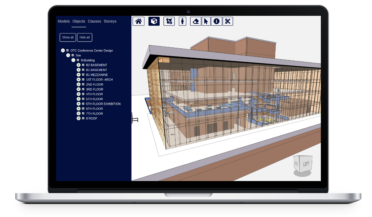 xeokit screenshot: xeokit bundled BIM viewer with some implementation examples of first person navigation, tree view model explorer, slicing section views, taking measurements and more