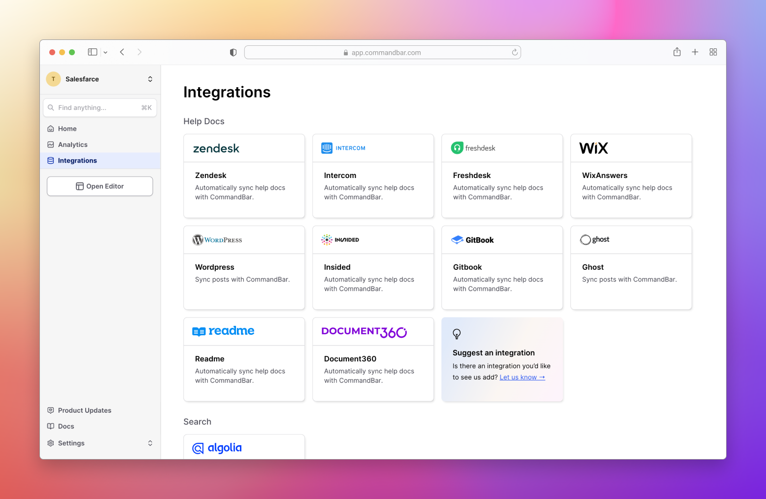 Plug your tools into CommandBar. Built-in integrations for help doc sync, analytics, embedding video, exporting data, and more - no code required.