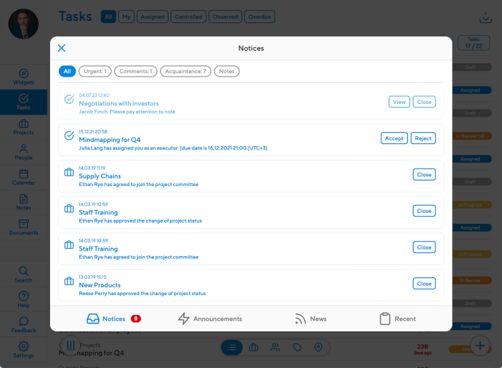 Projecto Inbox notifies you on the changes and updates in tasks, projects, meetings, and in-company activities.
