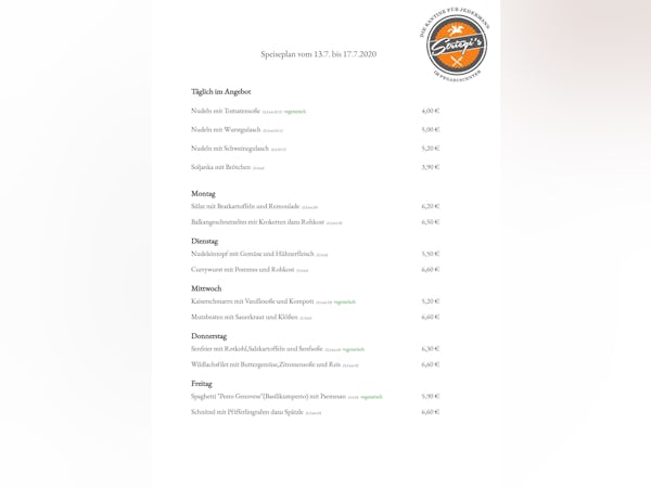 SpeiseplanApp Software - Speisekarte erstellt mit der SpeiseplanApp. Menü einfach drucken, als PDF speichern, bei Facebook posten und sofort automatisch auf Webseite und in mobilen Speiseplan Apps veröffentlicht.
