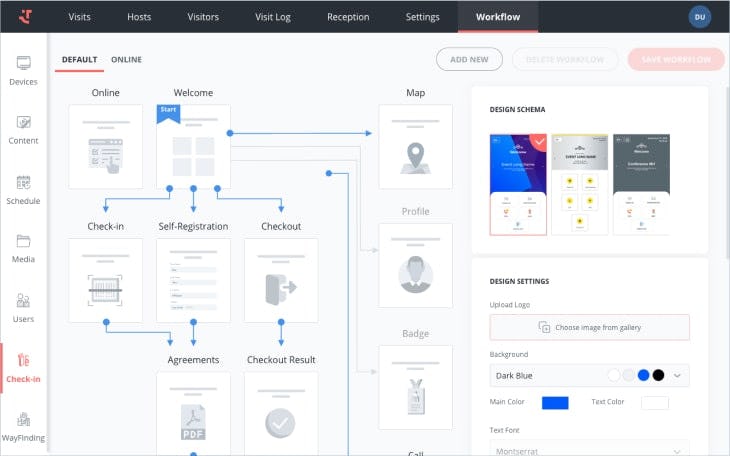 friendlyway Visitor Management Software - Configure your customized visitor journey. Elevate each visit with our workflow configurator: personalize email and badge templates, integrate documents and compliance forms, and connect ID scanners/barcode readers.