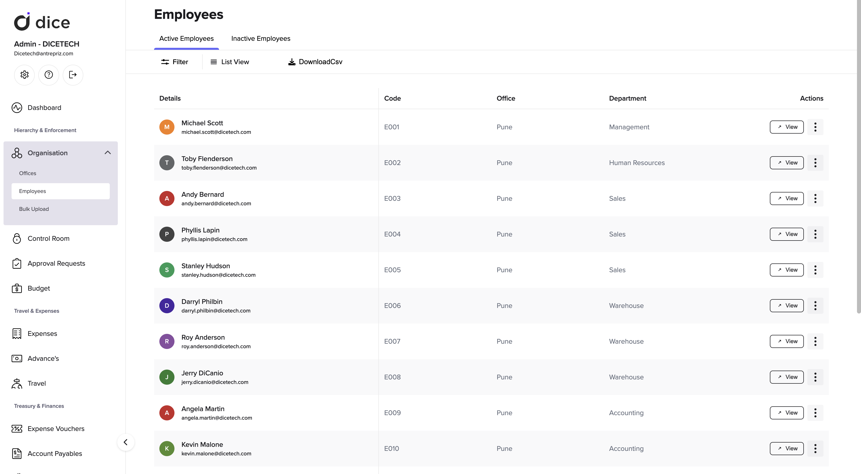 Dice screenshot: Manage employee data and access for specific activities.