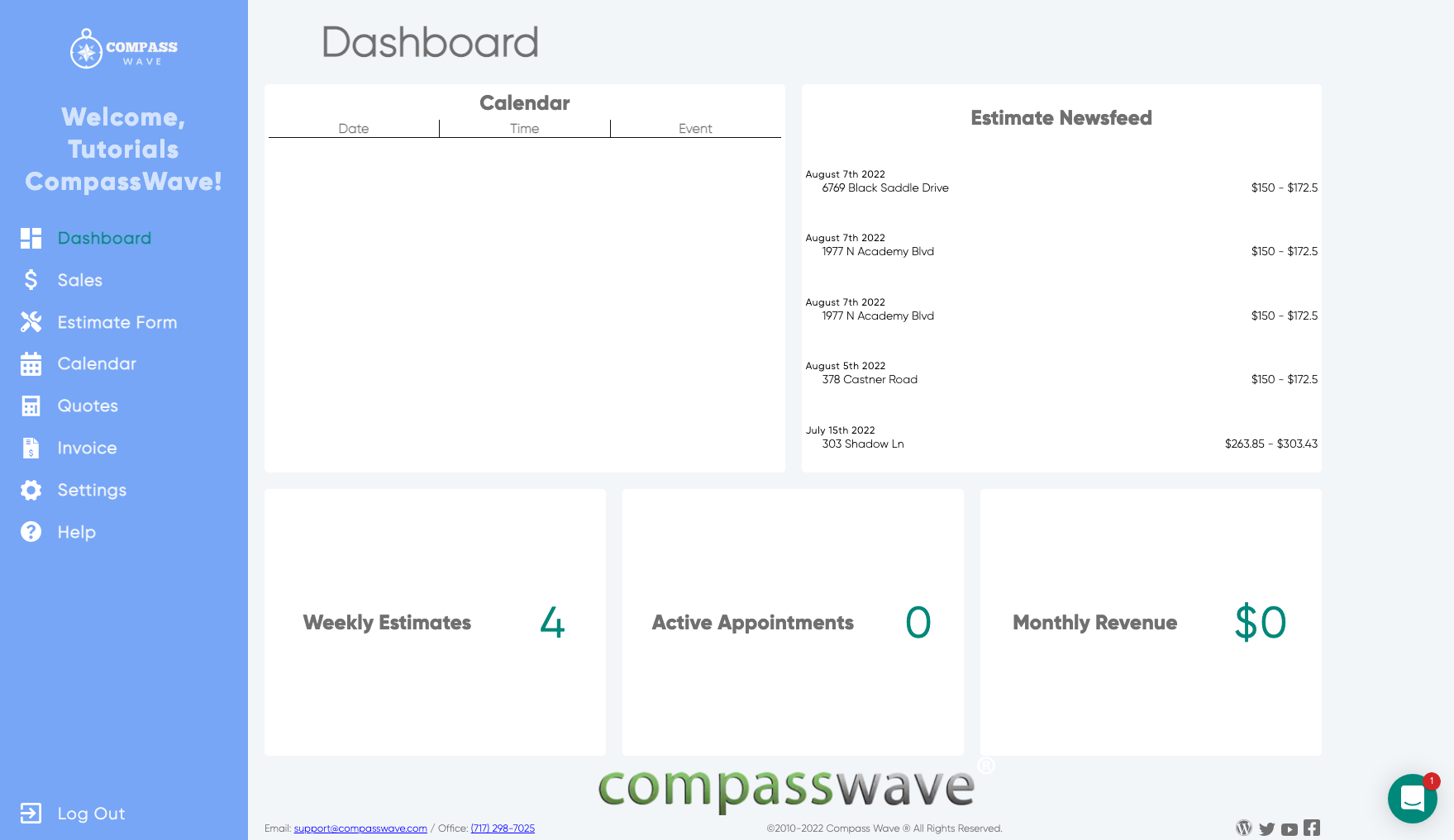 Compass Wave screenshot: Compass Wave Dashboard - Displaying your recent estimates