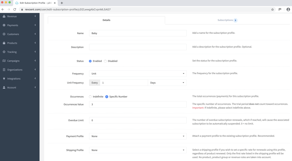 RevCent set subscription profiles
