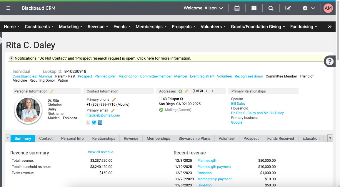 Blackbaud CRM screenshot: Record Keeping 
