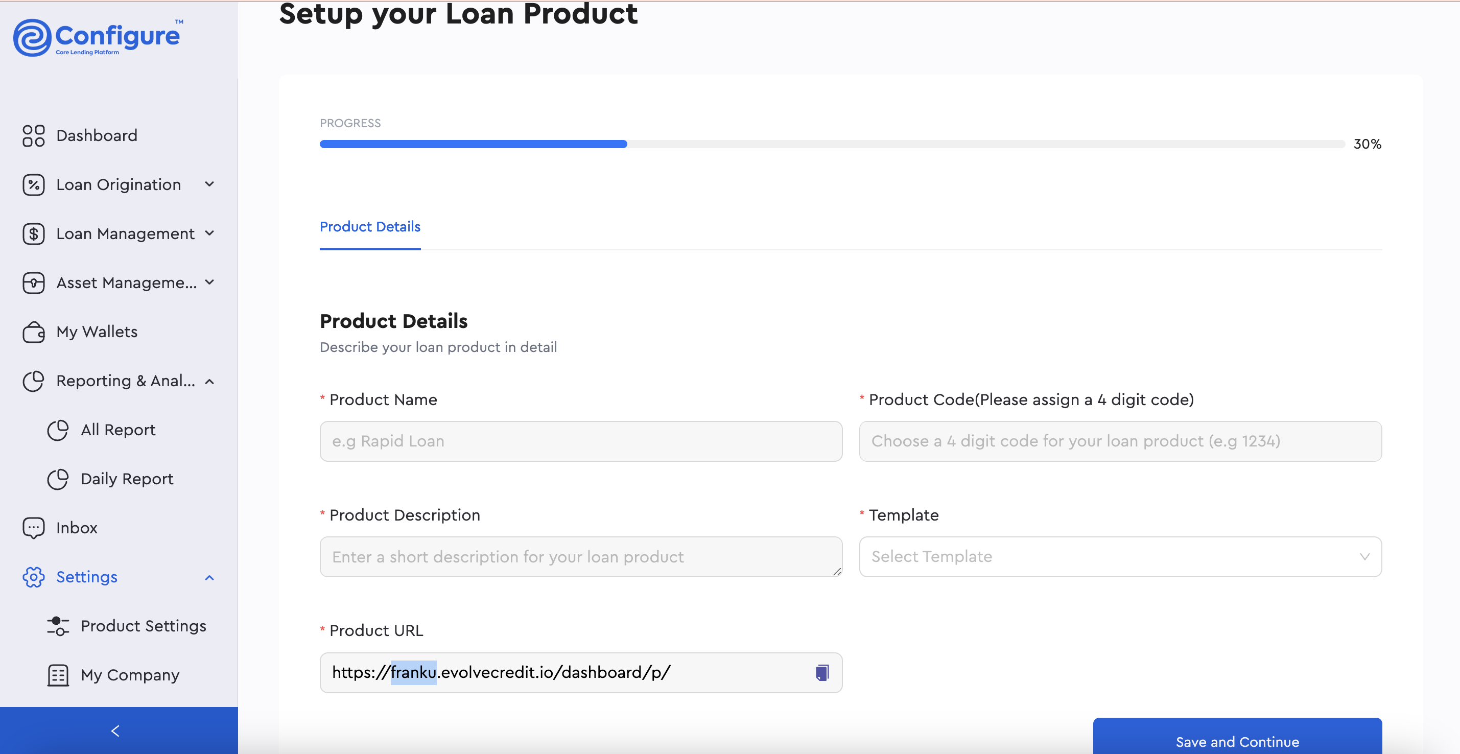 Configure screenshot: Create custom loan products in a few clicks