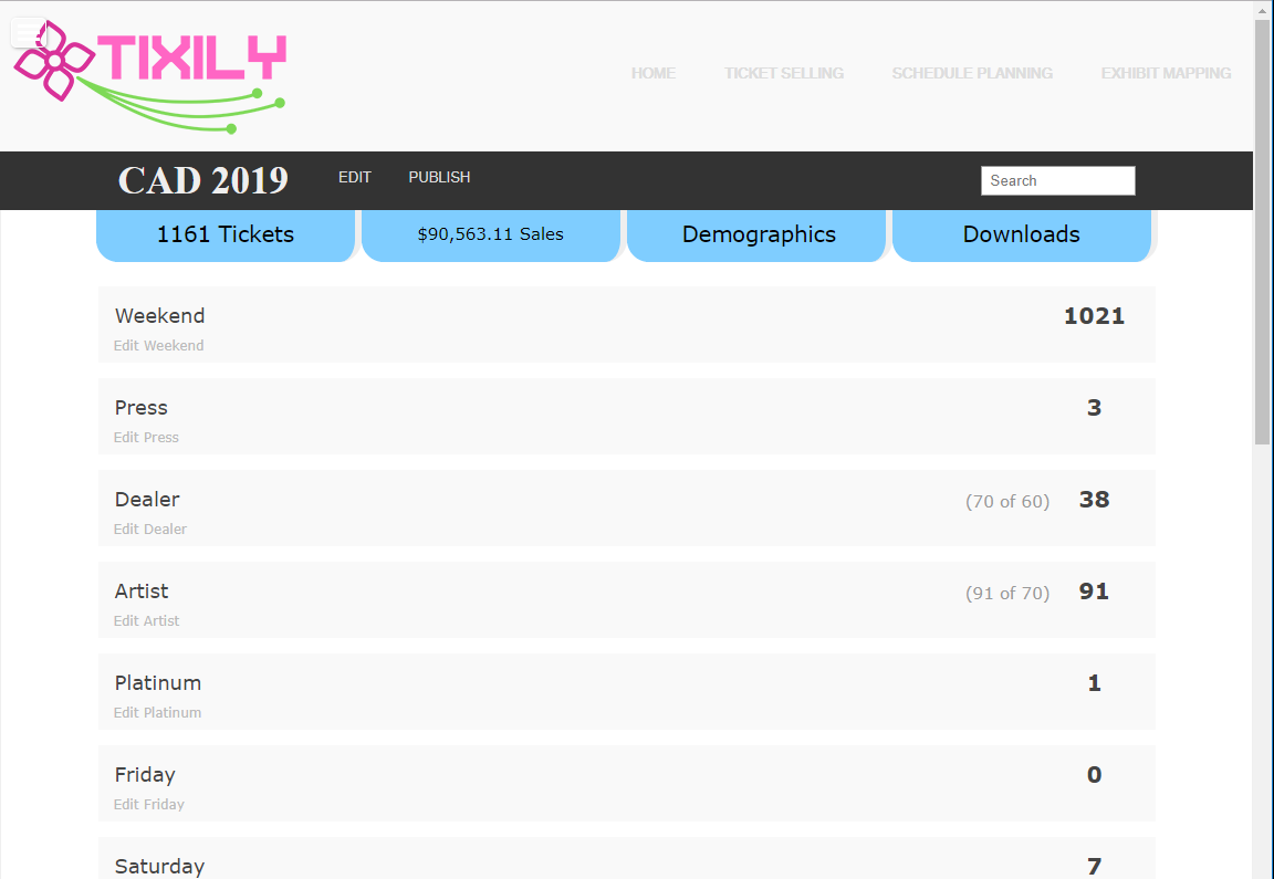Tixily events page screenshot