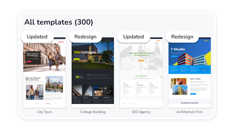 Weblium  screenshot: 300+ ready-to-use templates. Start creating your website by choosing one of these impressive Weblium templates.