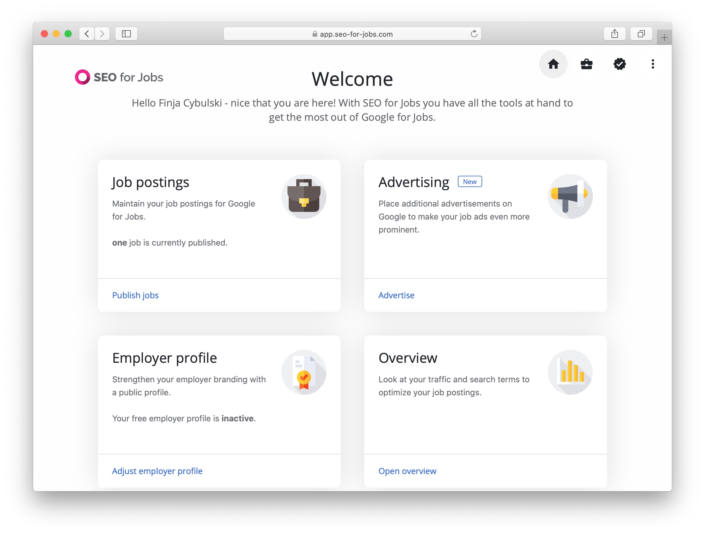 SEO for Jobs screenshot: On the home page of SEO for Jobs all user areas are directly accessible.