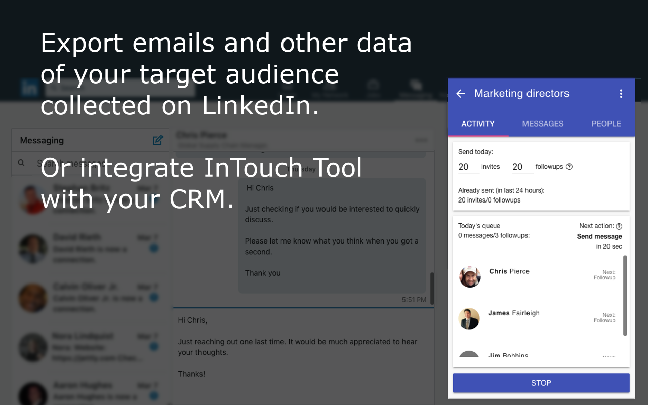 LinkedIn email extractor - automatically scrape LinkedIn profiles of your target audience. Extract their emails and other personal data and export them into a CSV file or your CRM.
