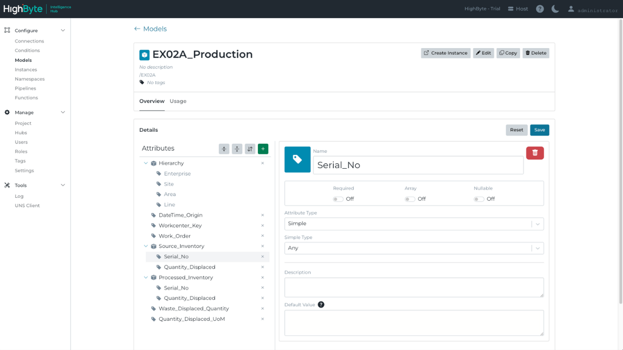 HighByte Intelligence Hub screenshot: When working with industrial data, a data model is a standard representation of an asset, process, product, system, or role. Develop models to standardize and contextualize industrial data with HighByte Intelligence Hub.