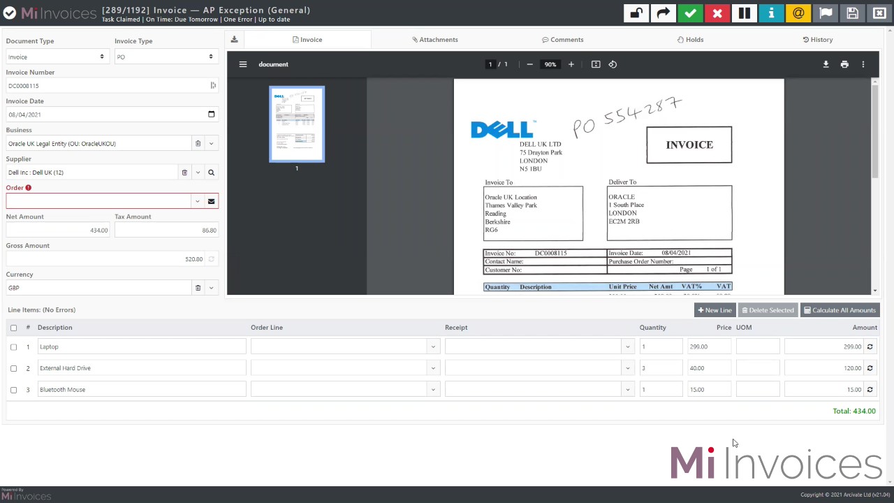 Mi Invoices AP Interface showing a Missing PO Invoice screen  displaying the Line Items captured