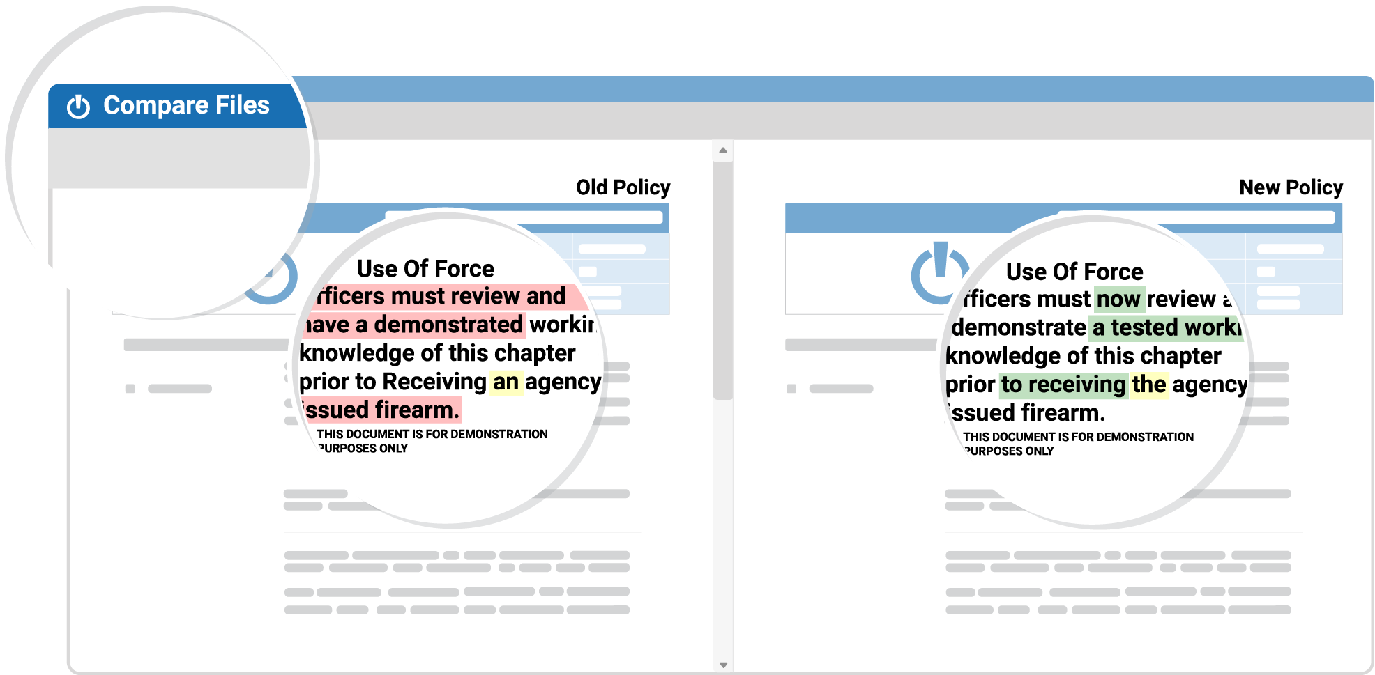 Easily review and approve changes to critical documents with side-by-side, color-coded highlighting of everything that has been added, deleted, or revised.