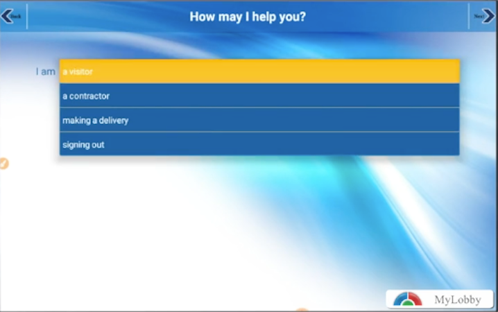 MyLobby screenshot: Allow visitors to check themselves in using the self service interactive tablet