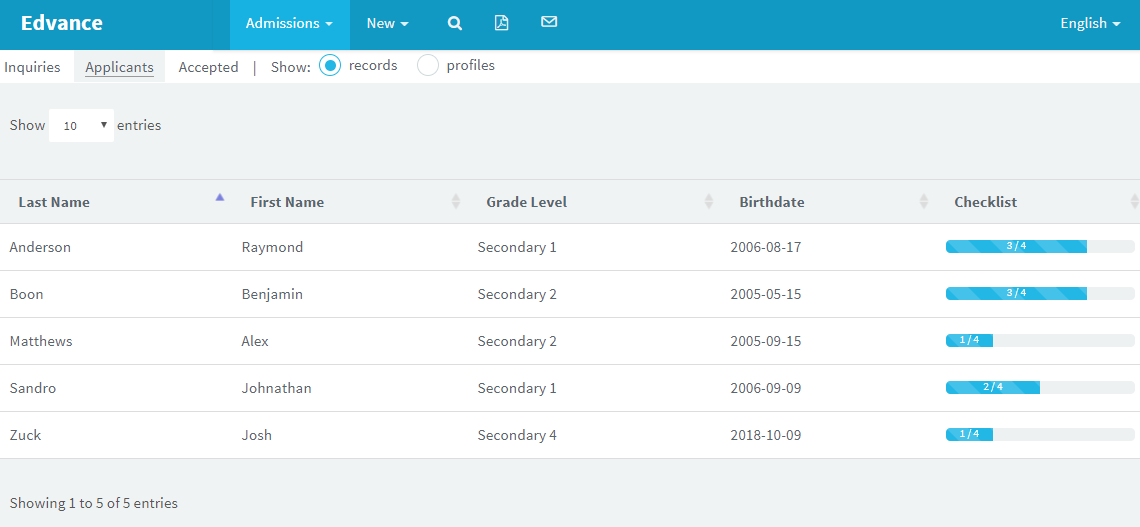 Edvance Software - EDVANCE - Admissions Progress