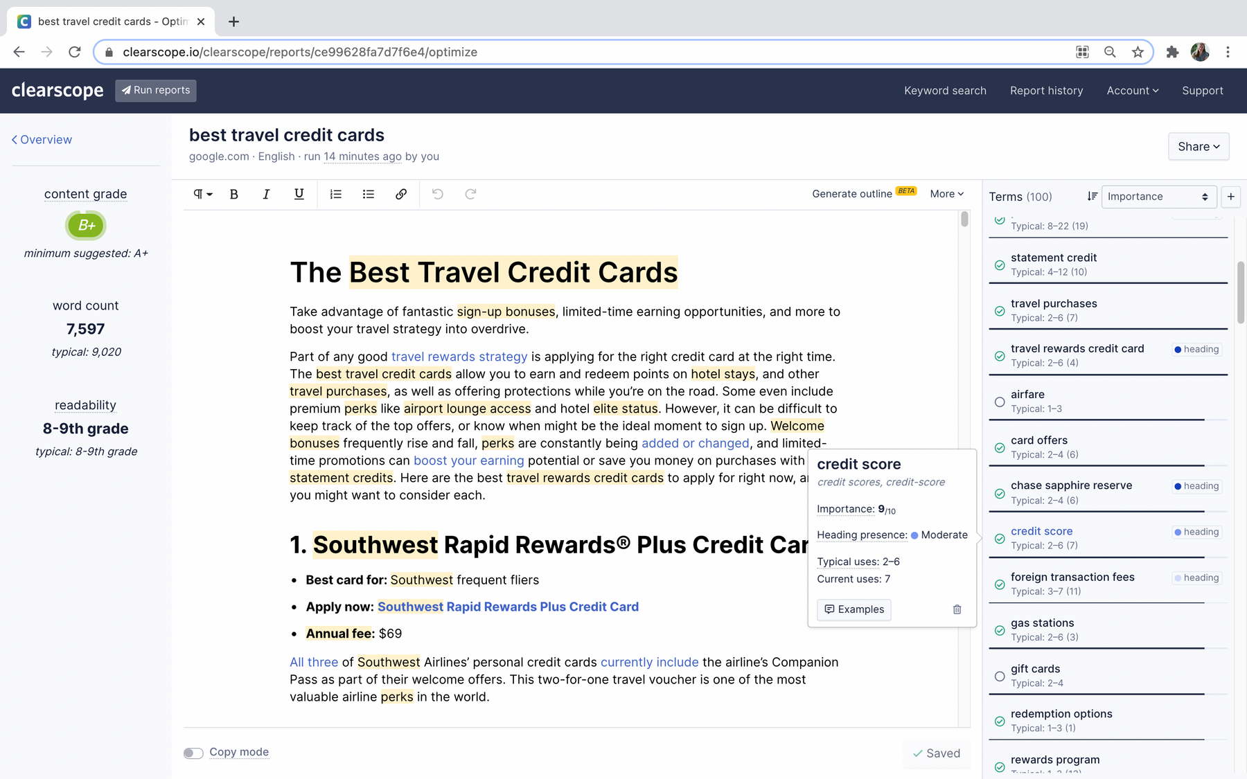 Clearscope screenshot: The Optimize text editor experience: Access our AI-powered content reports with high-signal recommendations using real-time data from Google in our simplified text editor.