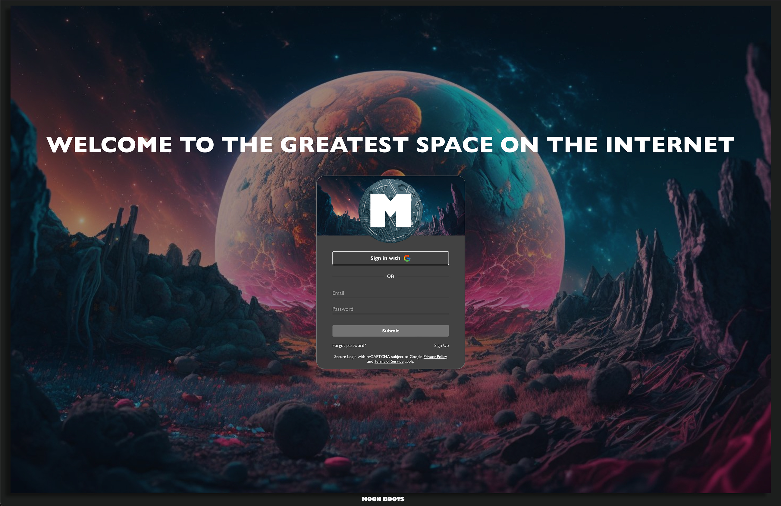 Moon Boots screenshot: This is a creative log in screen of a platform showing off the customization options. With the theme you can add custom fonts, branding, colors, and imagery to create a one-of-a-kind space. Not the creative type? Choose from 18 existing themes.