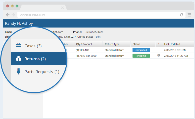 SupportSync screenshot: SupportSync combines all aspects of customer service from cases to returns, for a complete service history at a glance
