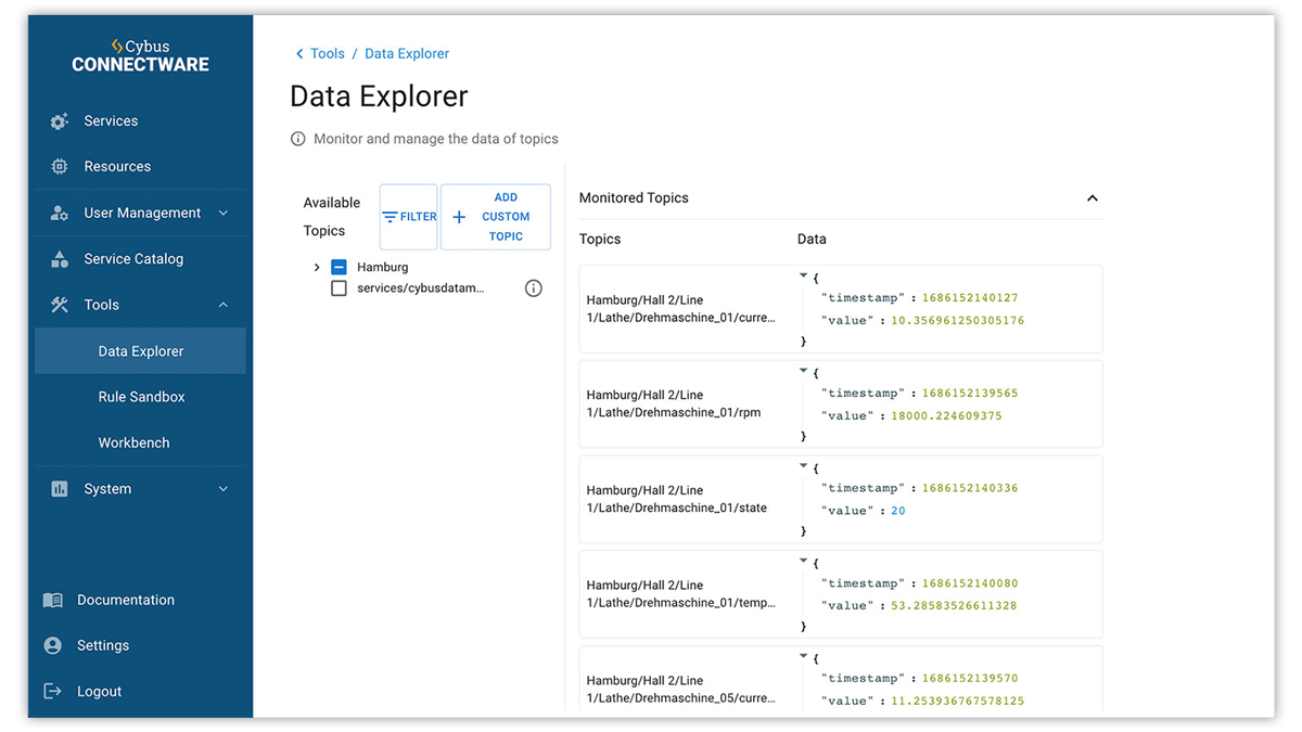 Data explorer: Explore the live data streams in a data topology visualization