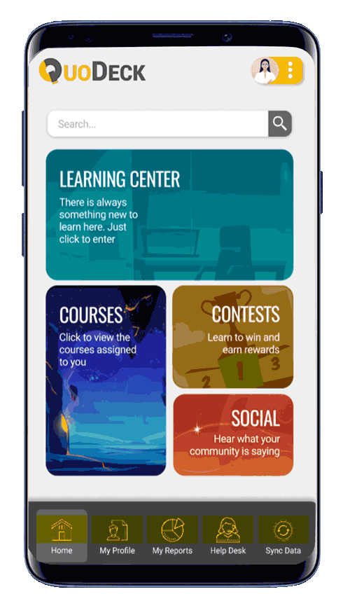 Mobile view of the QuoDeck app homepage featuring four sections: Learning Center, Courses, Contests, and Social.