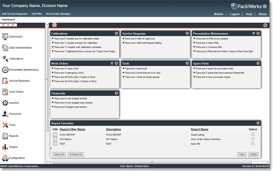 FaciliWorks CMMS Software - The customizable dashboard gives you at-a-glance status on all of your assets and activities, allows you to easily navigate to any feature of the software and lets you create your own shortcuts to get quick access to the features you most frequently use.