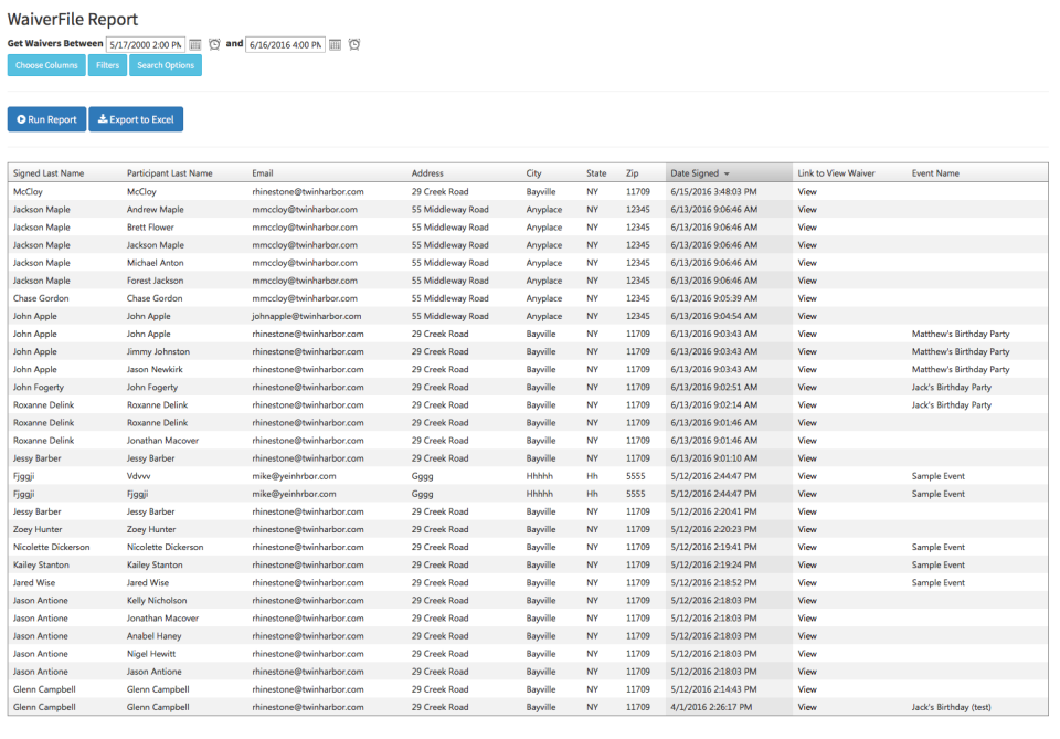 WaiverFile screenshot: WaiverFile provides a built-in reporting tool for querying the system for required data, filtering the views and exporting it for access within other applications
