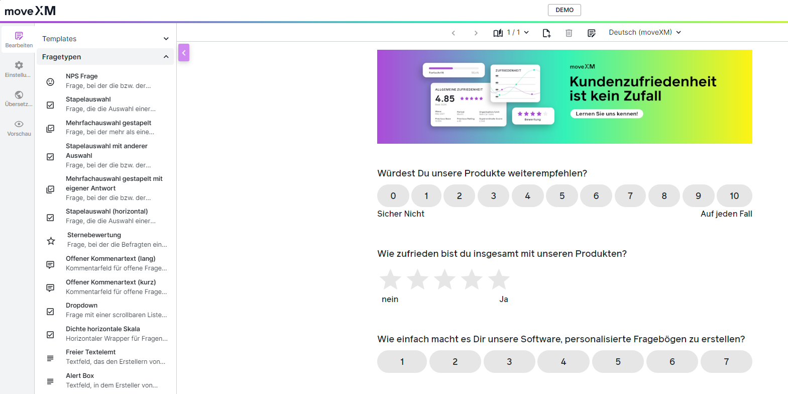 moveXM screenshot: Questionaire - Question types