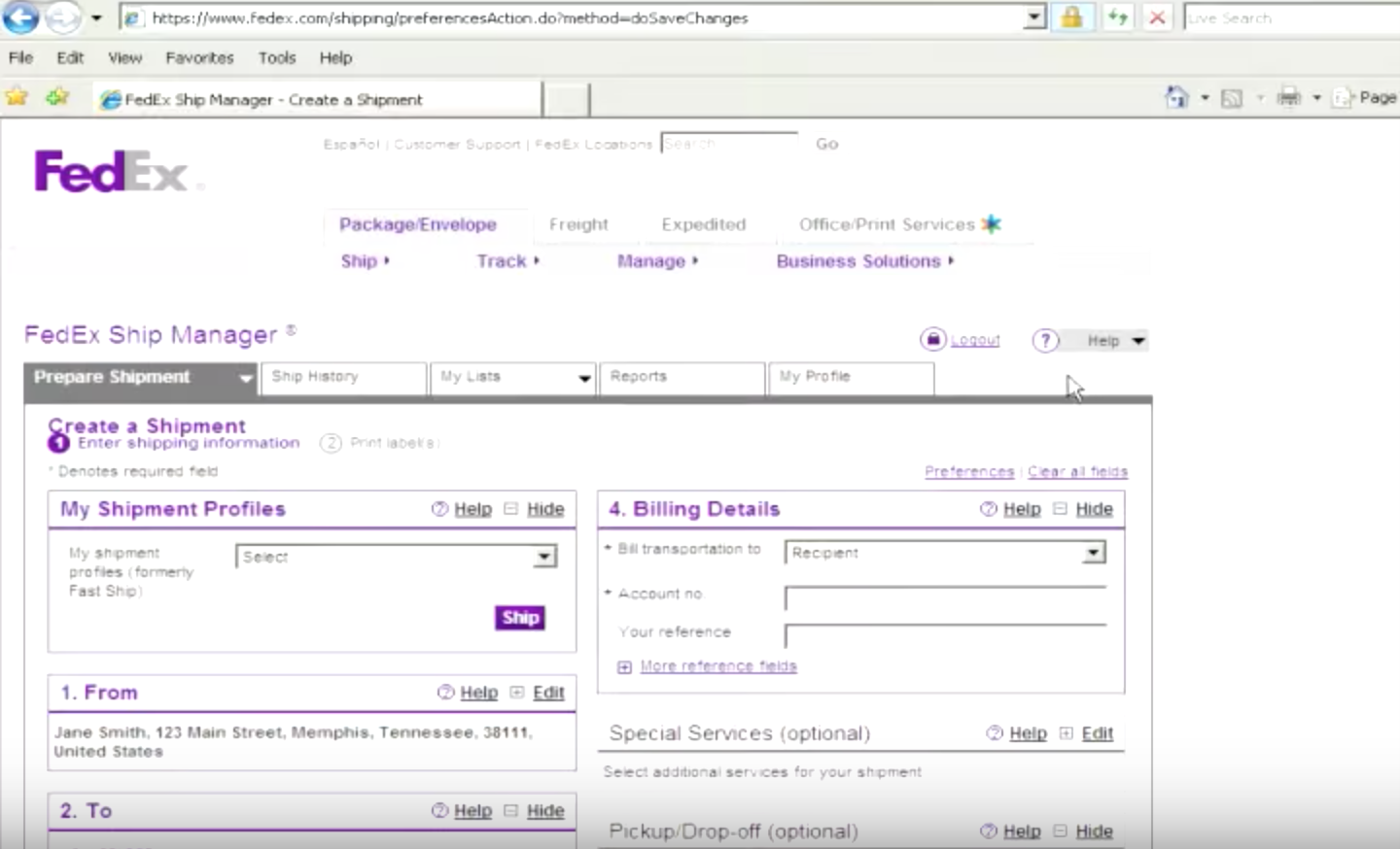 FedEx Ship Manager creating a shipping profile