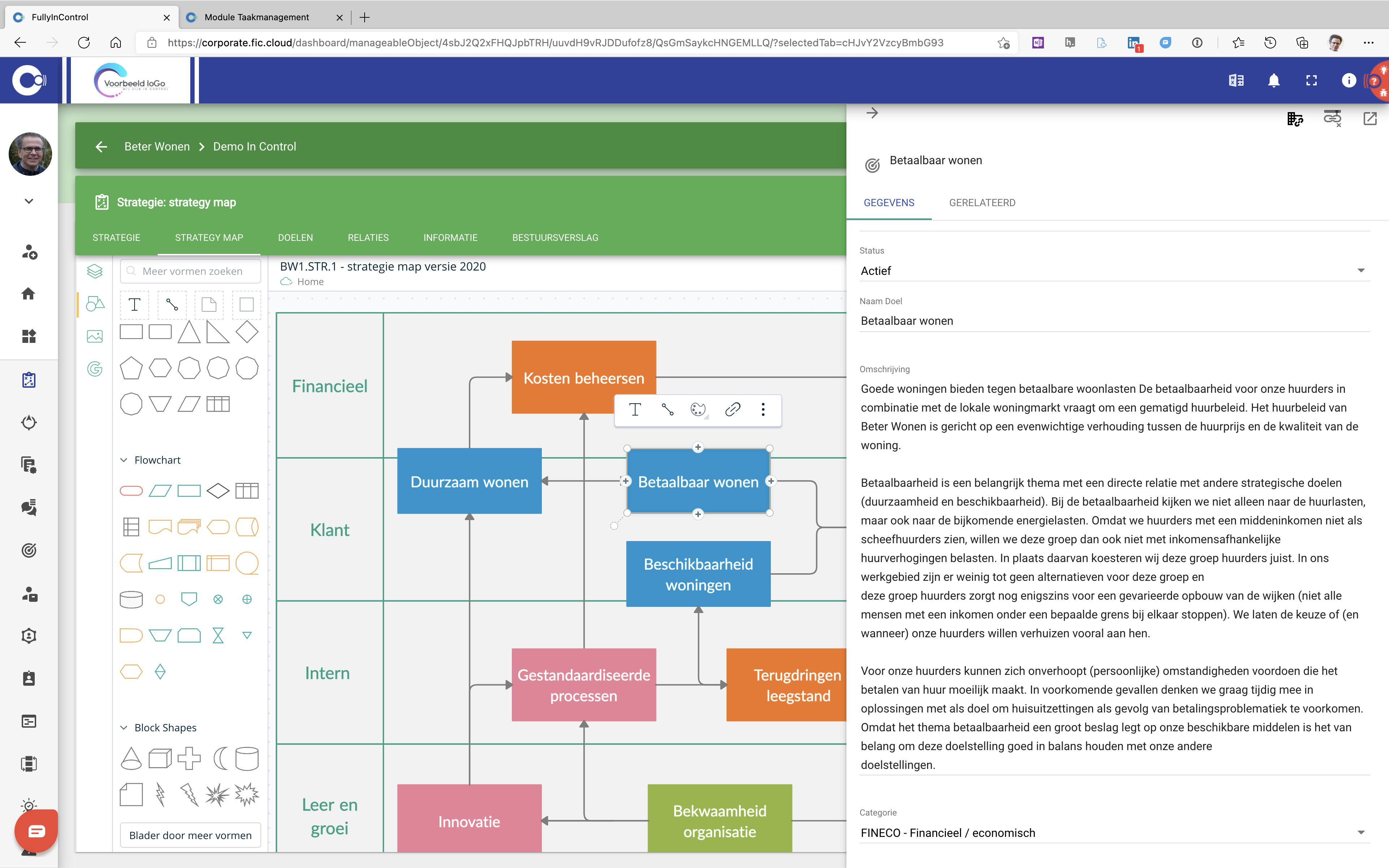 Processen module met een strategiekaart als voorbeeld.
